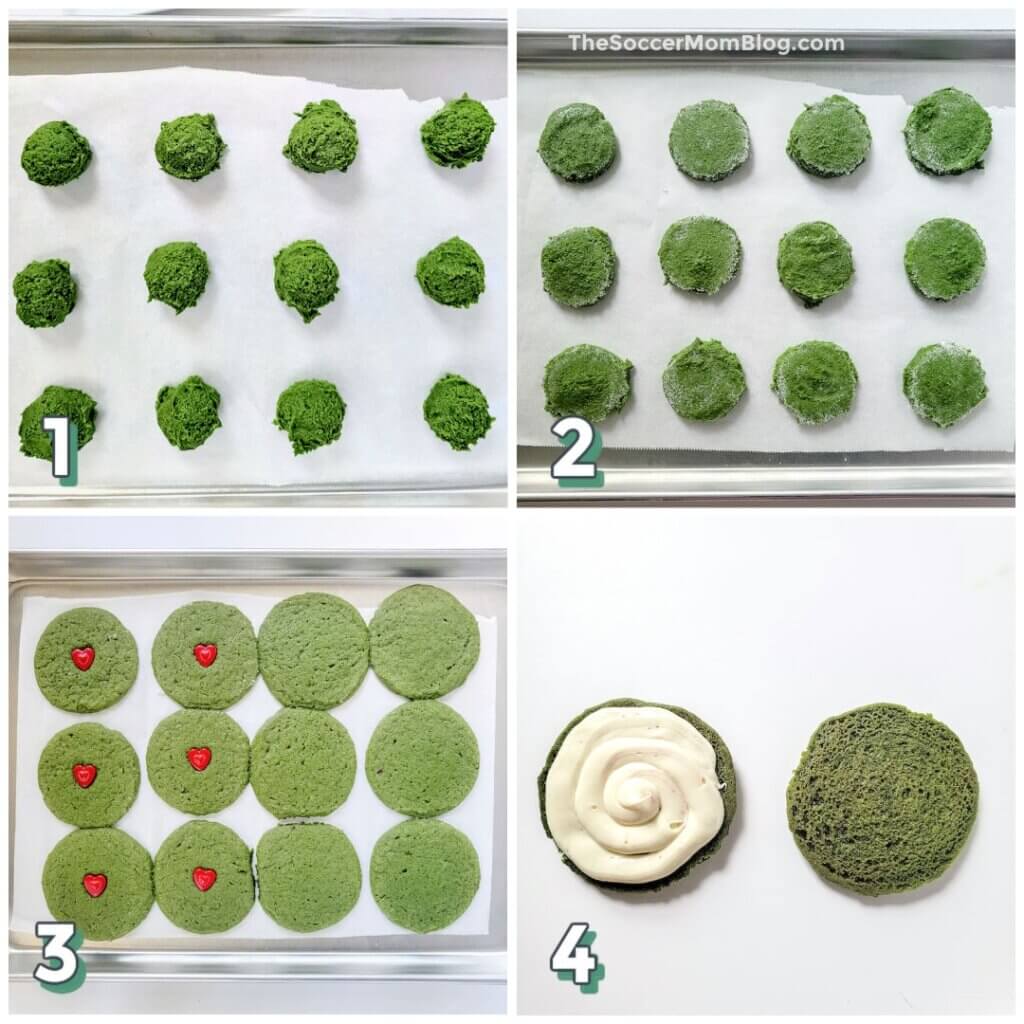 4 step photo collage showing how to make green Grinch inspired sandwich cookies