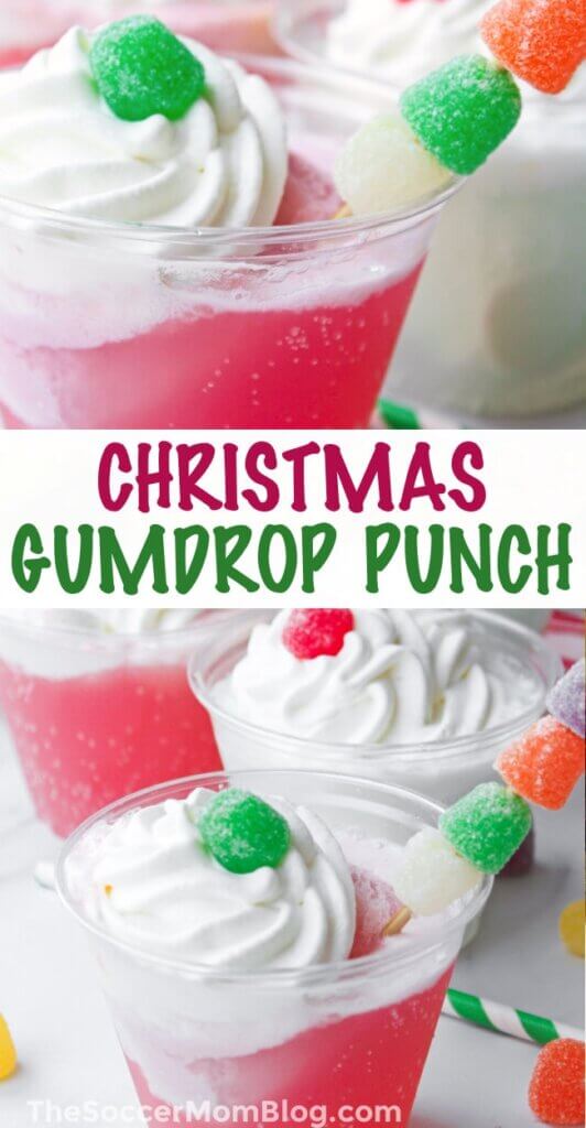 2 photo collage of Christmas Gumdrop Punch, with text overlay of recipe name
