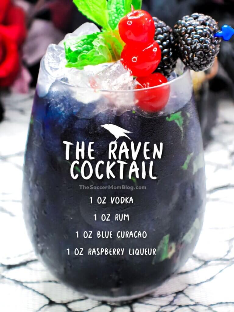 black raven cocktail with text overlay of ingredients
