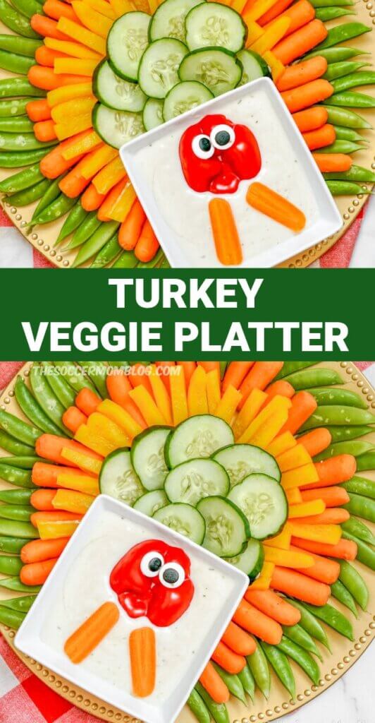 2 photo vertical collage of a turkey veggie platter