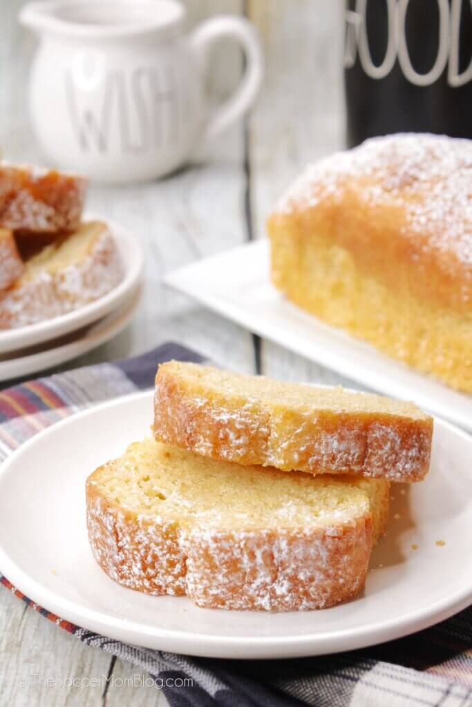 A plate with two slices of Vanilla Pound Cake
