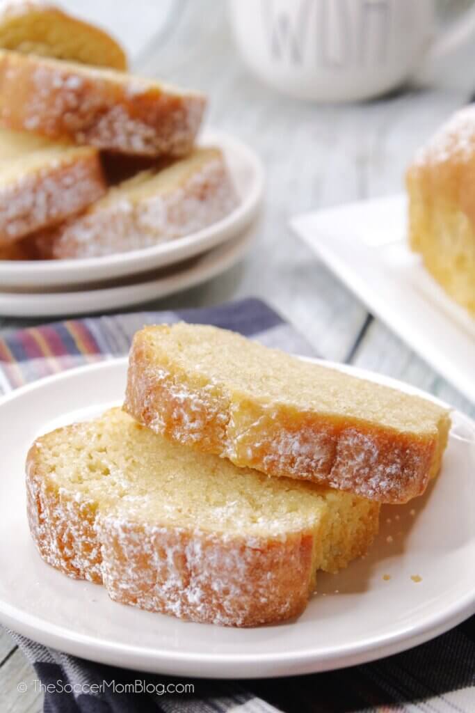 Close up of a plate with two slices of Vanilla Pound Cake