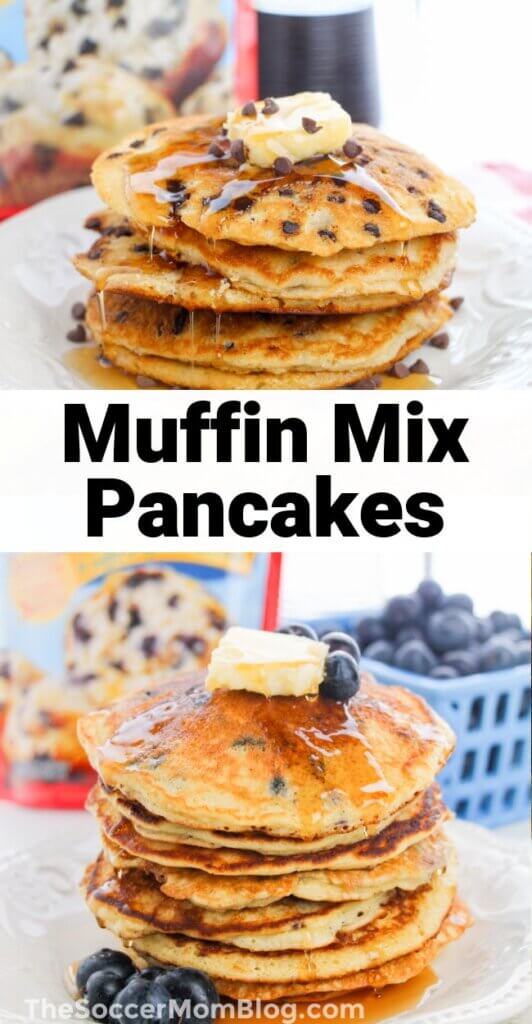 2 photo vertical collage of muffin mix pancakes, different flavors