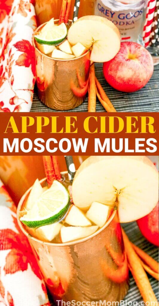 2 photo collage of apple cider Moscow mules