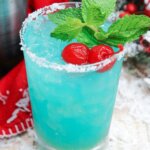 top-down view of a Blue Glacier cocktail, bright teal in color