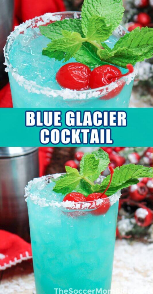 2 photo collage of Blue Glacier cocktail, a blue winter drink