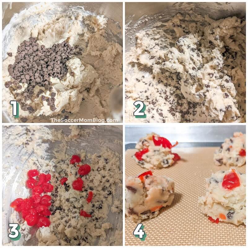 4 step photo collage showing how to make cherry garcia cookies