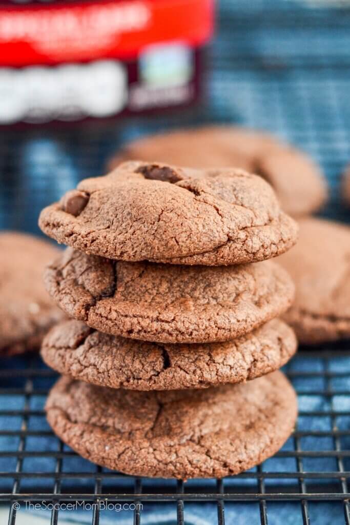 A stack of four chocolate pudding mix cookies