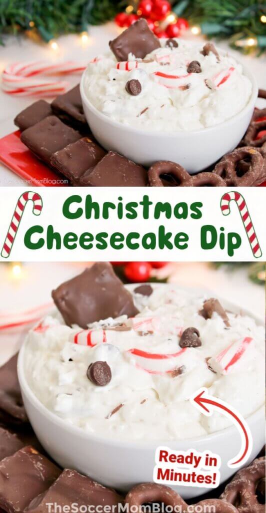 2 photo collage of creamy Christmas cheesecake dip with chocolate and peppermint