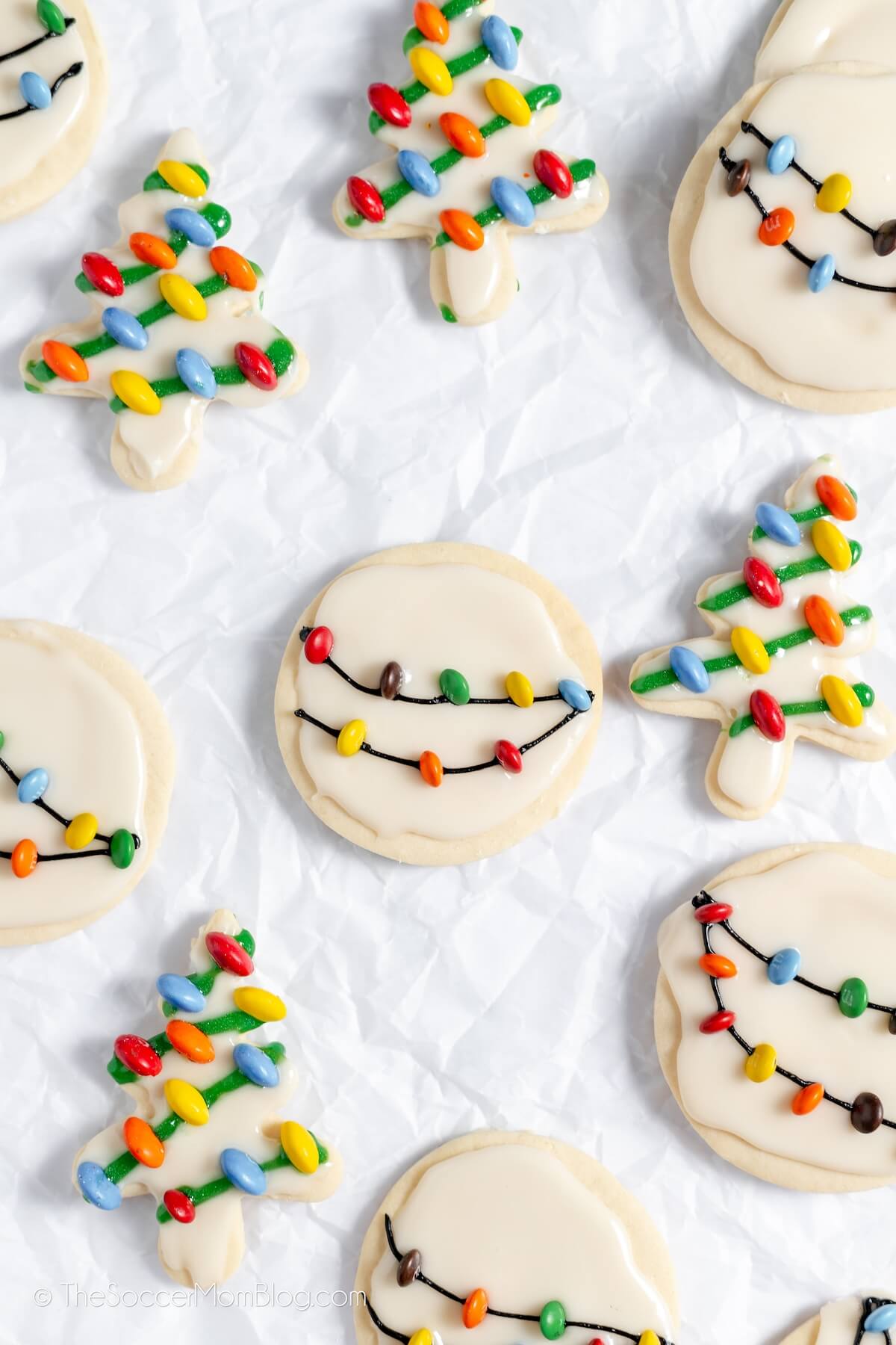 Christmas light cookies on parchment paper