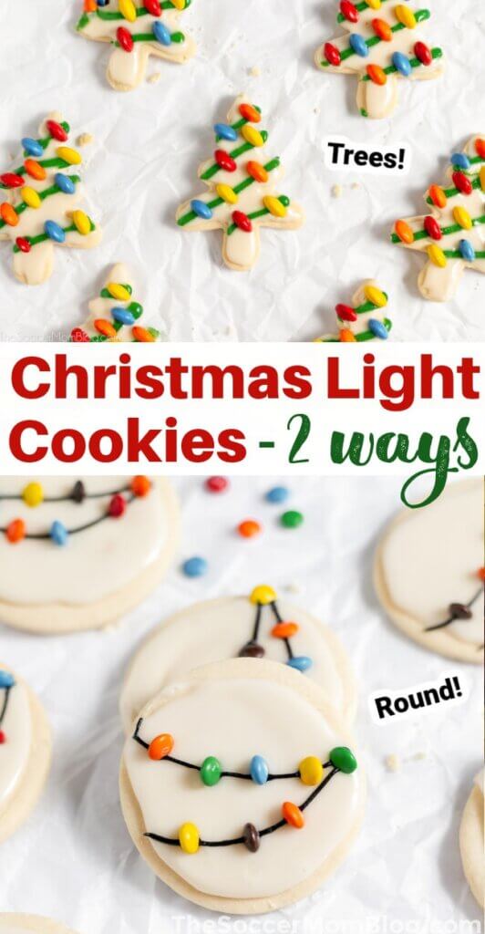 2 photo vertical collage showing cookies decorated to look like they are covered in Christmas lights