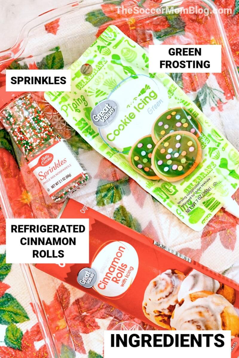 ingredients needed to make Christmas cinnamon rolls, with text labels