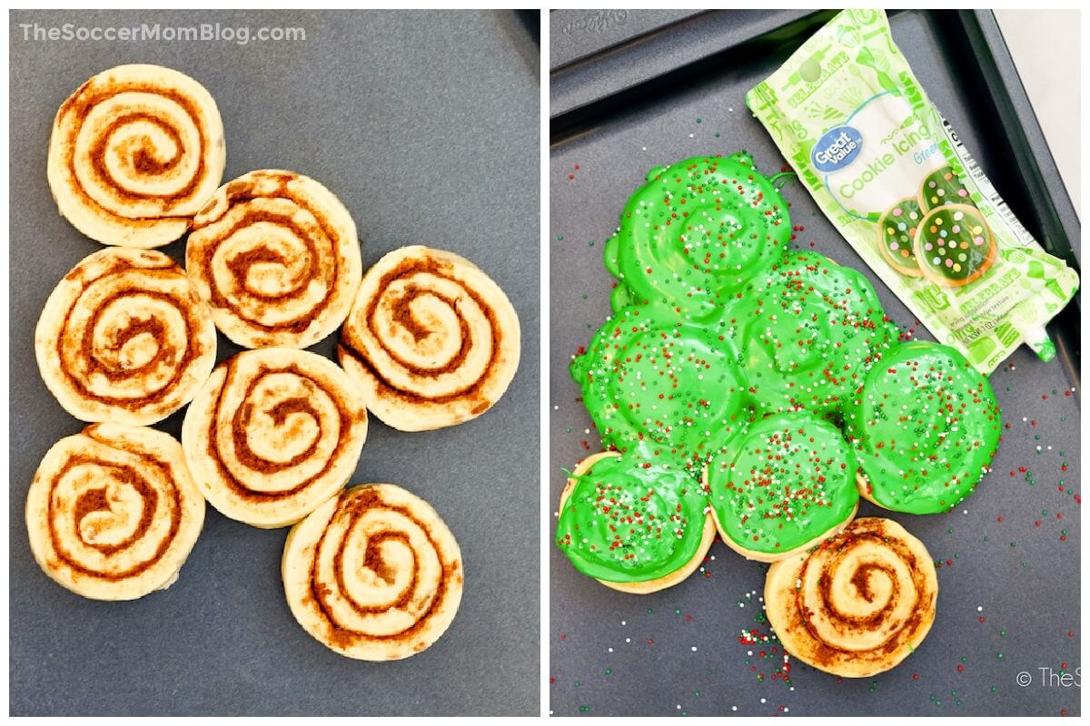 2 photo collage showing how to decorate cinnamon rolls to look like a Christmas tree