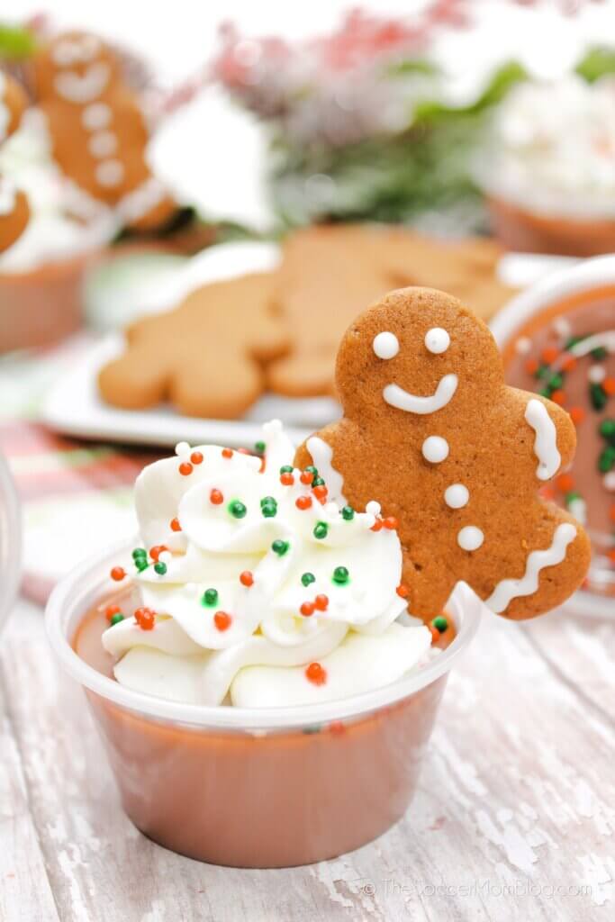 gingerbread flavored jello shot with a mini gingerbread man cookie on top