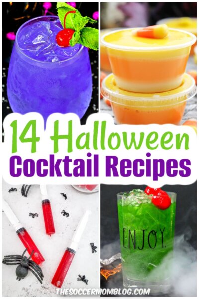 collage of 4 photos of colorful drinks; text overlay "14 Halloween Cocktail Recipes"