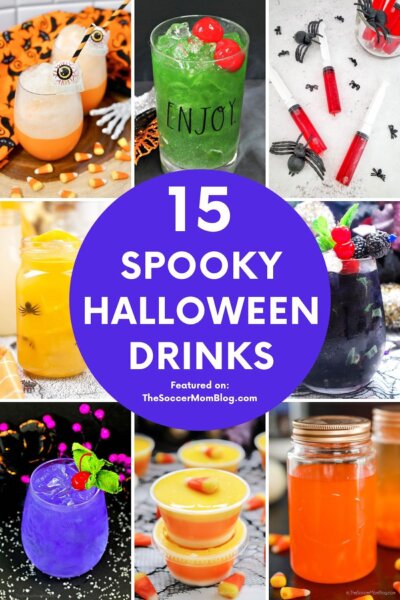 collage of Halloween themed drink; text overlay "15 Spooky Halloween Drinks"