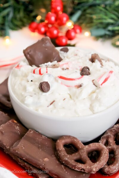 bowl of holiday peppermint cheesecake dip