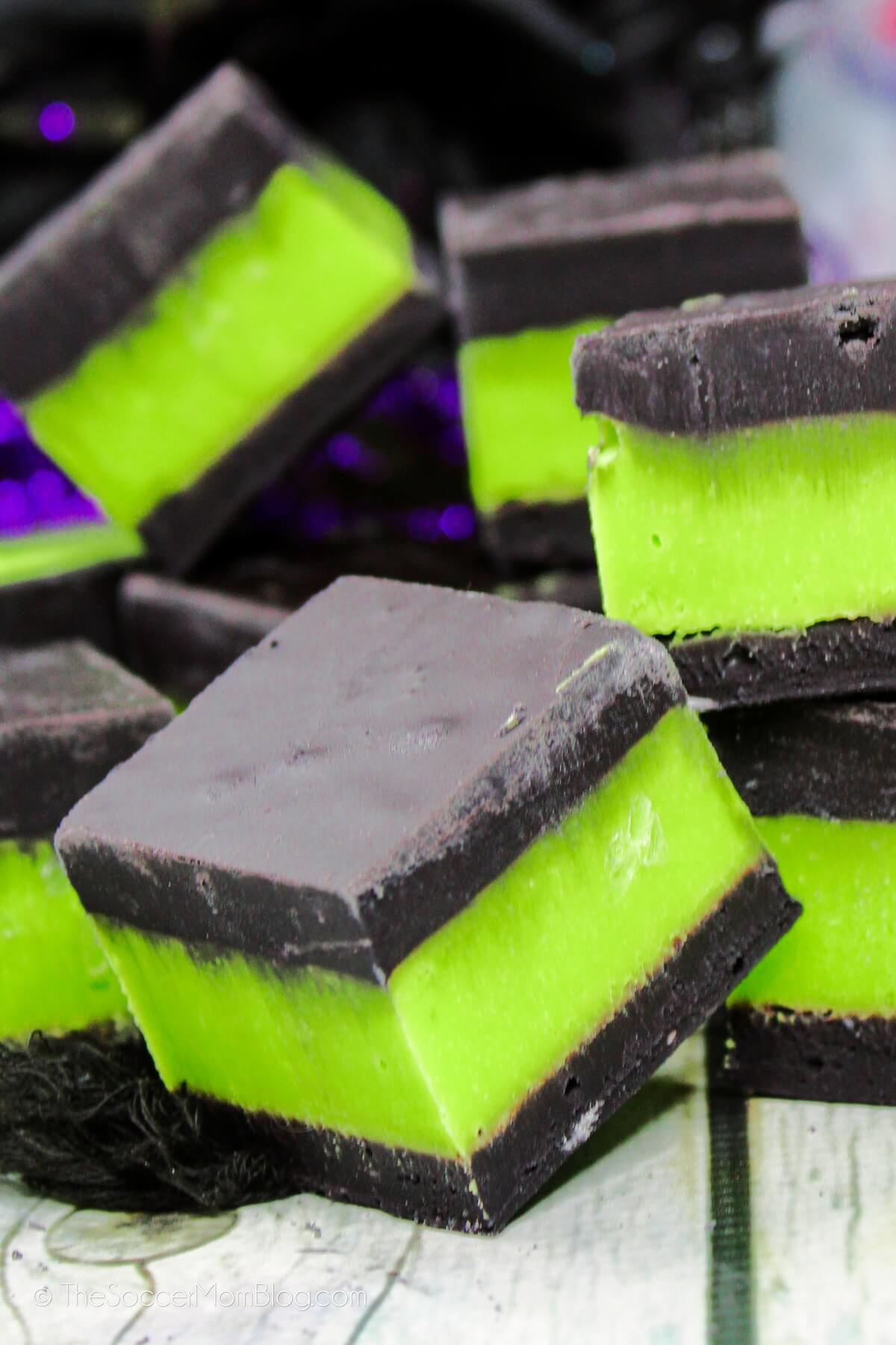 close up of blocks of Halloween fudge that is green and black