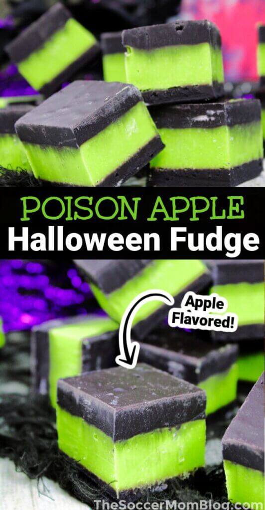 2 photo vertical collage, showing "Poison Apple" Halloween fudge