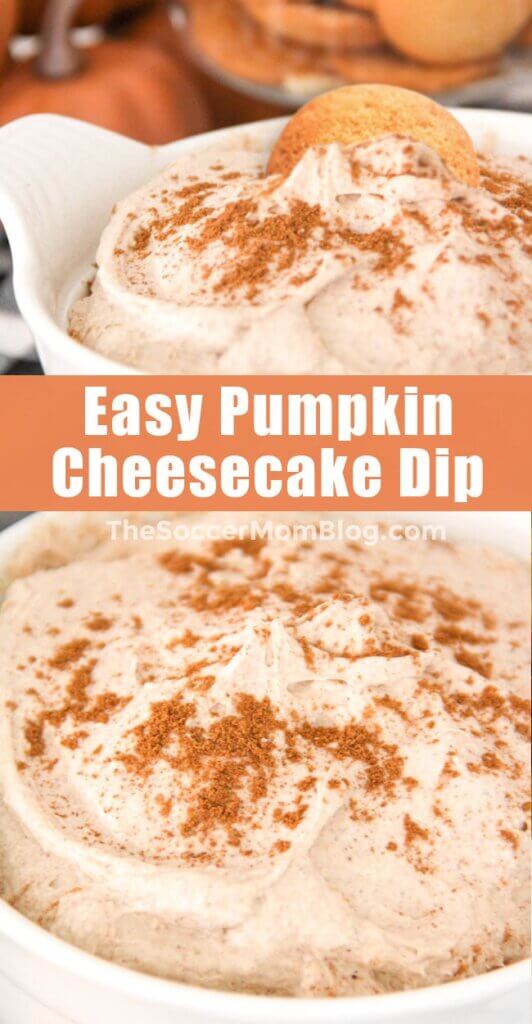 2 photo collage of a bowl of pumpkin cheesecake dip, for Pinterest