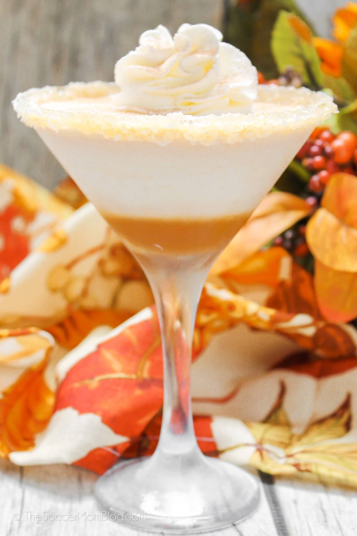 close up of a layered pumpkin pie martini