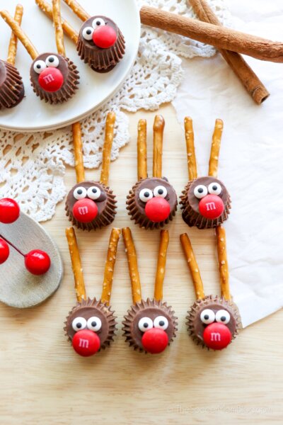 Candy Rudolphs made from peanut butter cups, pretzel sticks, and M&Ms