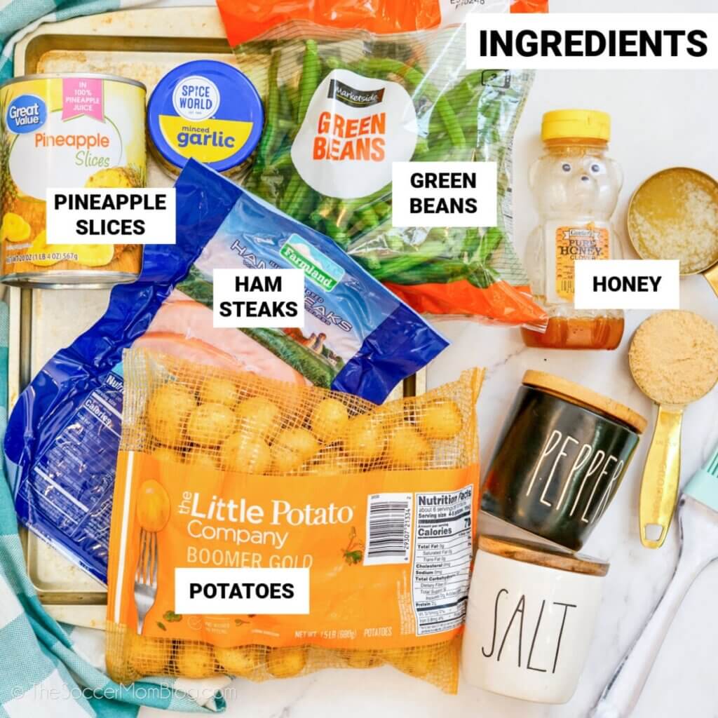 ingredients needed to make a ham sheet pan dinner, with text labels
