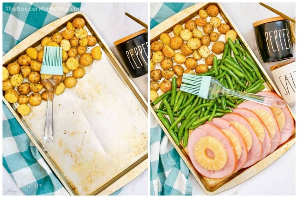 2 step photo collage showing how to layer ingredients in a sheet pan for a ham dinner