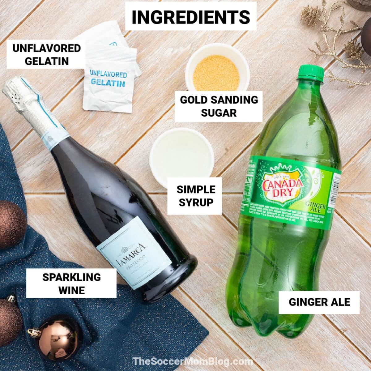 ingredients to make champagne jello shots, with labels