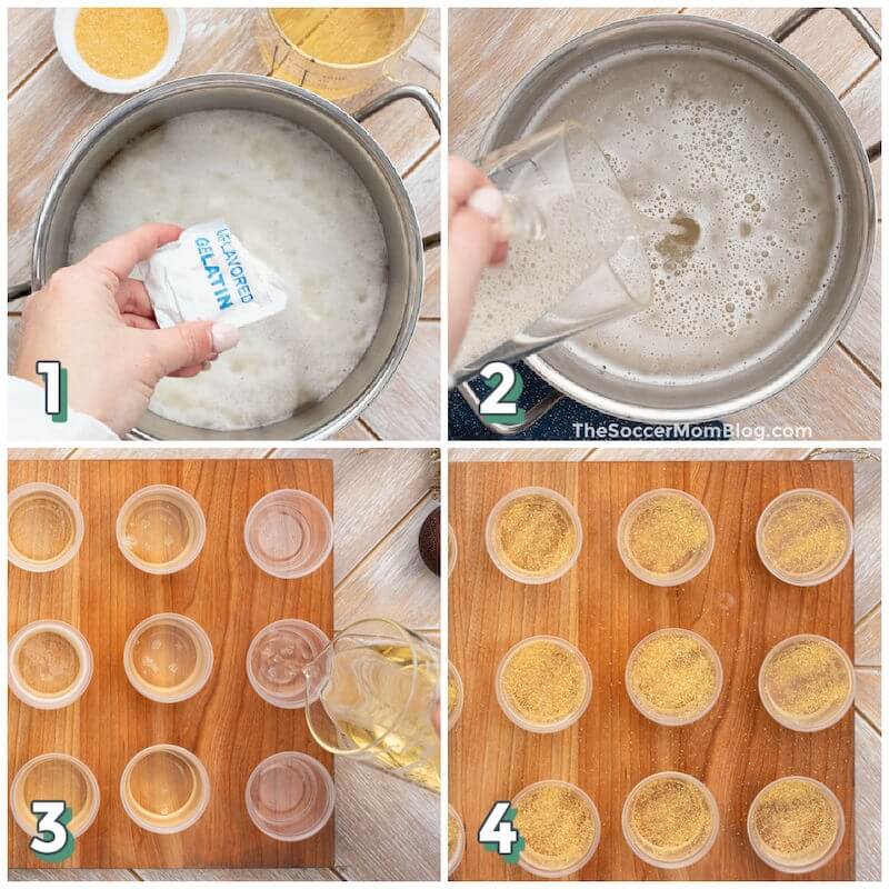 4 step photo collage showing how to make champagne jello shots