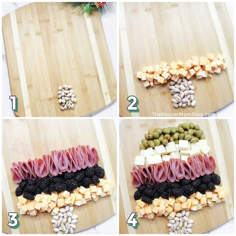 4-step photo collage showing how to make a Christmas tree charcuterie board