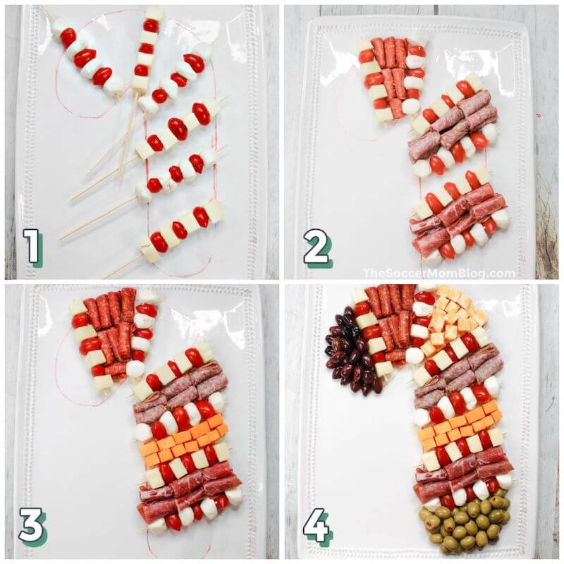 4-step photo collage showing how to make a candy cane charcuterie board