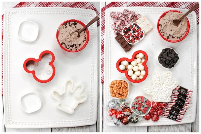 2-step photo collage showing how to make a Christmas hot cocoa board