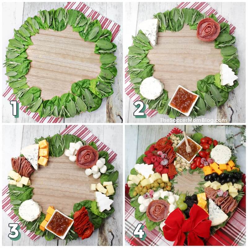 4-step photo collage showing how to make a Christmas wreath charcuterie board