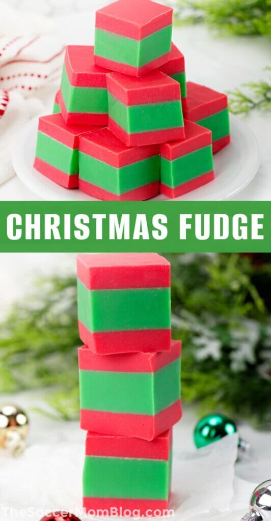 2 photo collage of red and green Christmas fudge; text overlay "Christmas fudge"