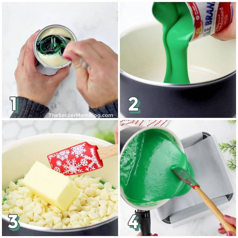 4 step photo collage showing how to make green white chocolate fudge