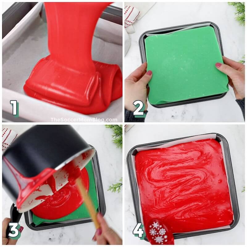 4 step photo collage showing how to make red and green layered fudge