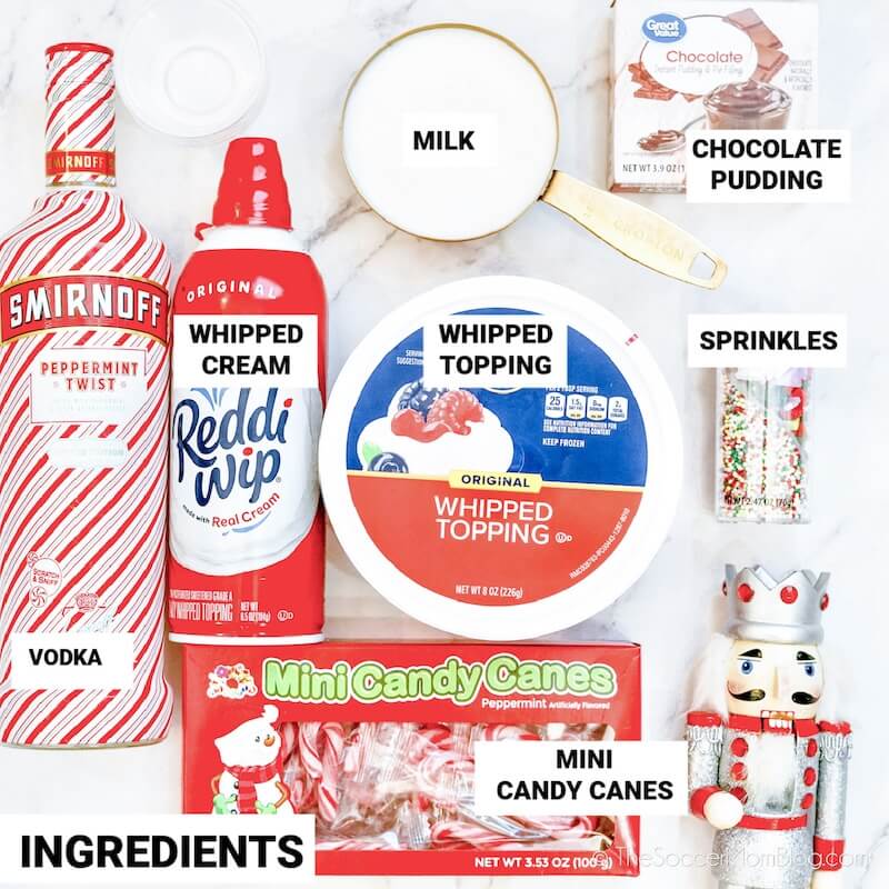 ingredients to make hot cocoa pudding shots, with text labels