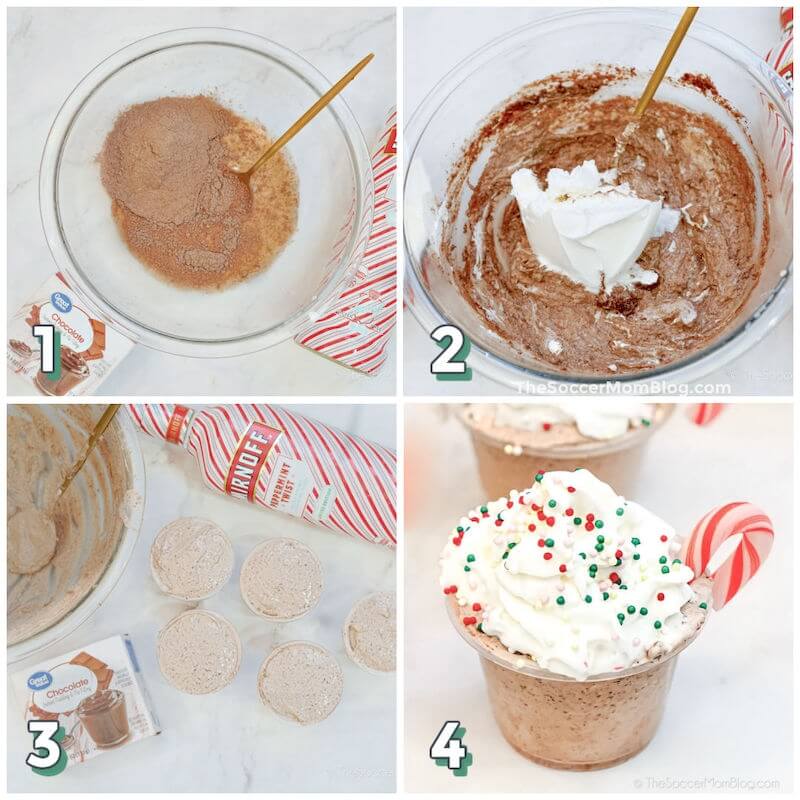4 step photo collage showing how to make peppermint cocoa pudding shots