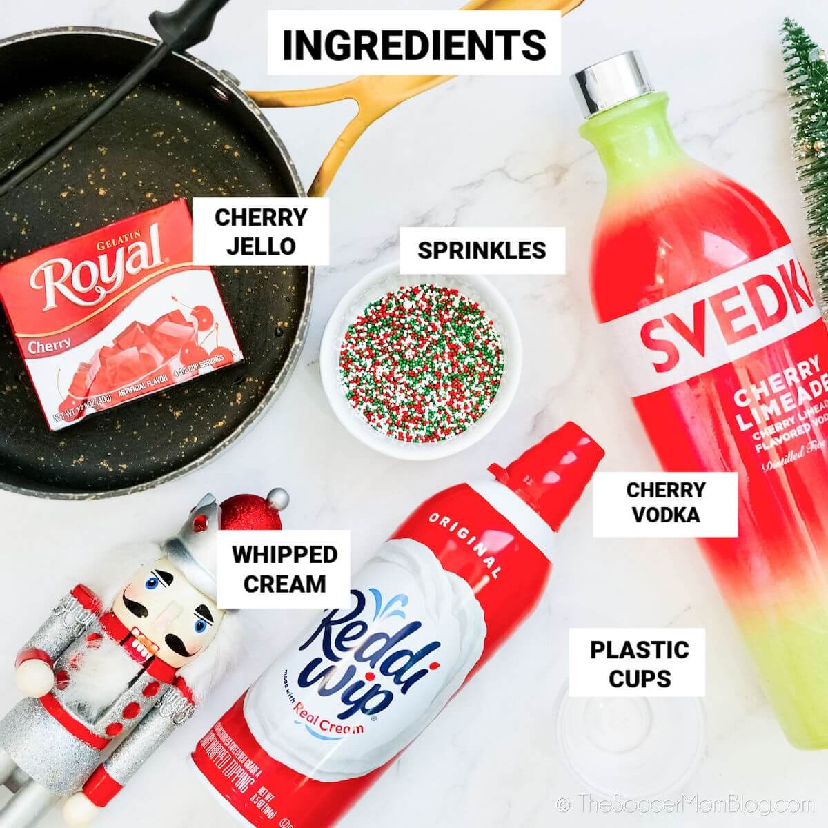 ingredients to make holiday jello shots, with text labels