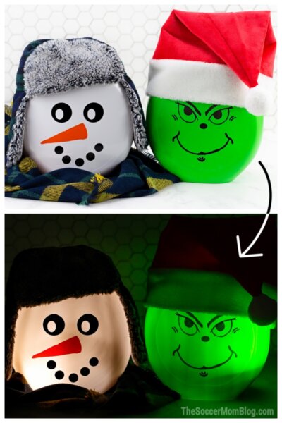 two photo collage of Grinch and snowman Christmas lanterns made from laundry pod containers