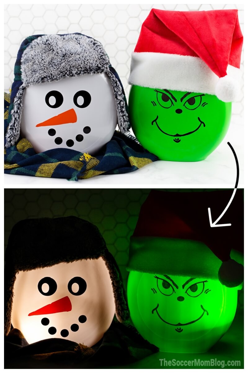 two photo collage of Grinch and snowman Christmas lanterns made from laundry pod containers