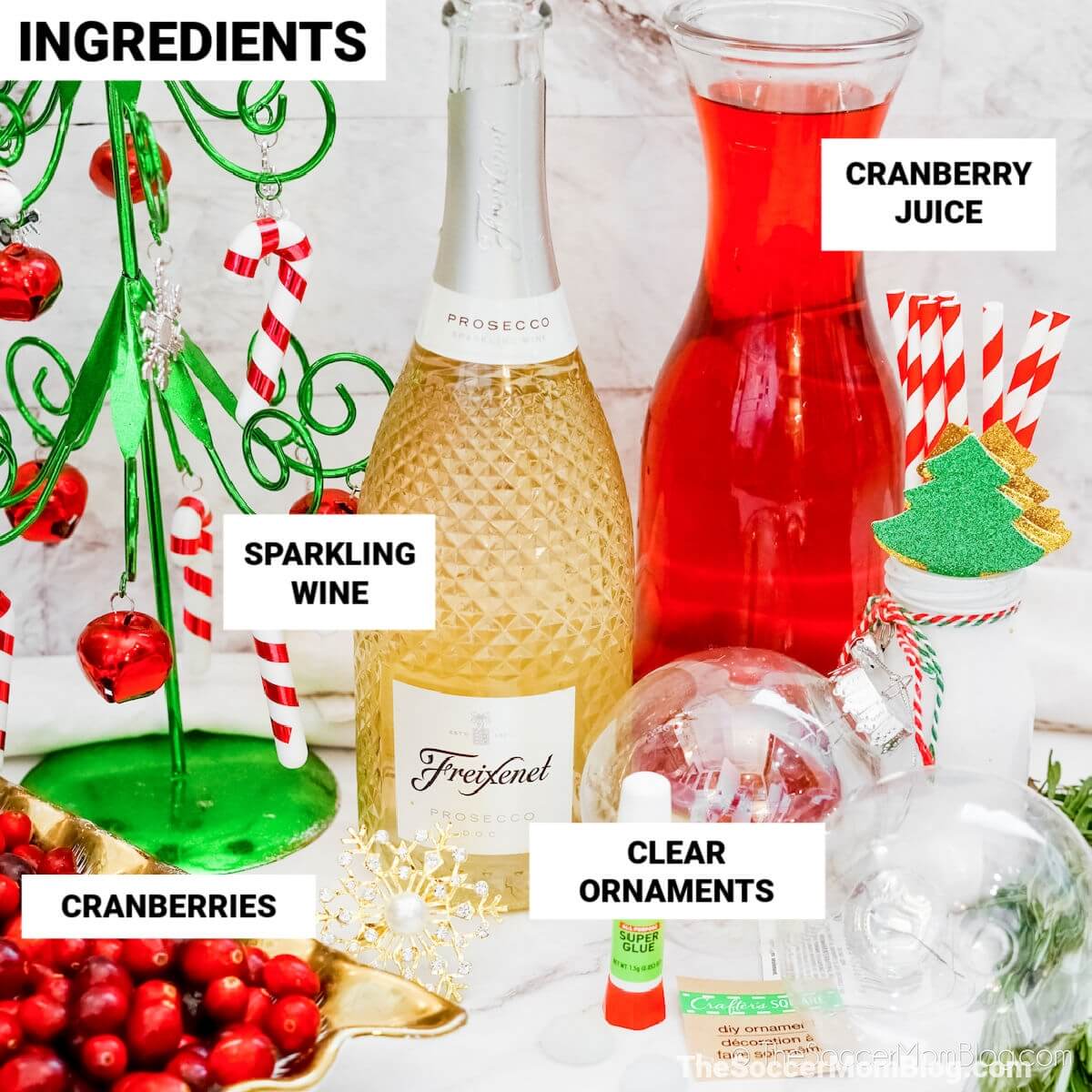 ingredients to make a Christmas flavored mimosa, with text labels