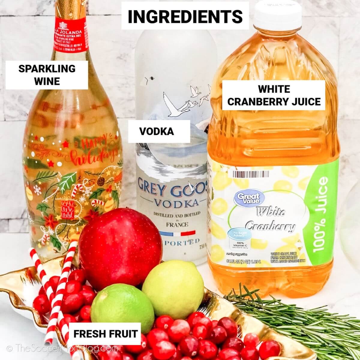 Christmas sangria ingredients, with text labels