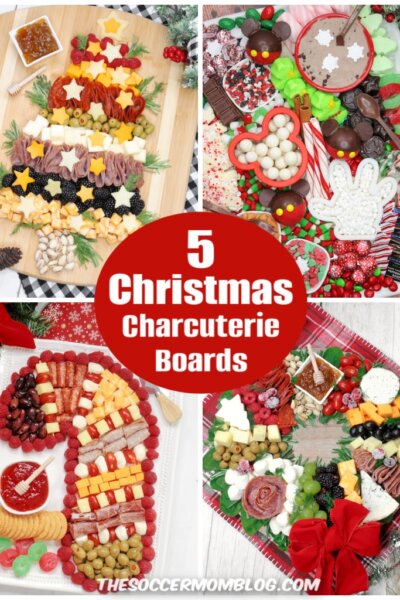 collage of 4 holiday charcuterie ideas; text overlay "Christmas Charcuterie Boards"