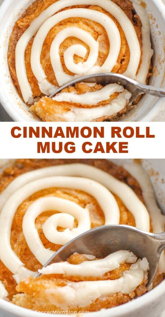 2 photo collage of a cinnamon roll mug cake