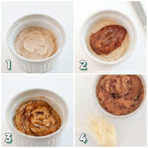 4 step photo collage showing how to bake a cinnamon roll in a mug