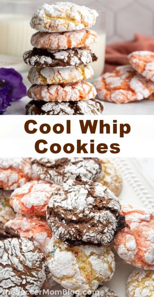 2 photo vertical collage of colorful Cool Whip Cookies, with text overlay of recipe name