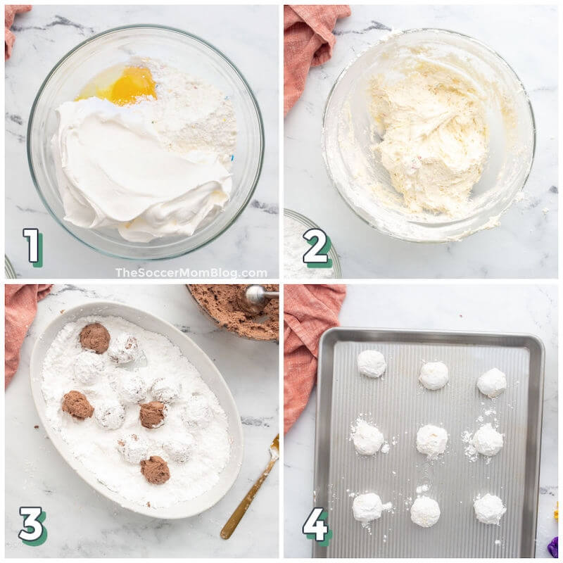 4 step photo collage showing how to make Cool Whip Cookies
