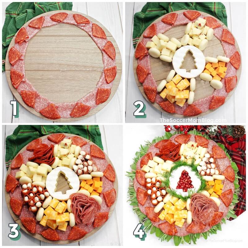 4-step photo collage showing how to make a gluten free charcuterie board shaped like a wreath